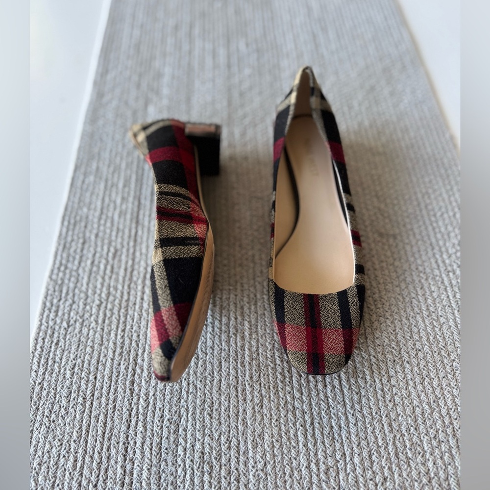 NINE WEST Red Black Plaid Square Toe Block Heel Ballet Flats Dress Shoes Sz 8 - Picture 7 of 8
